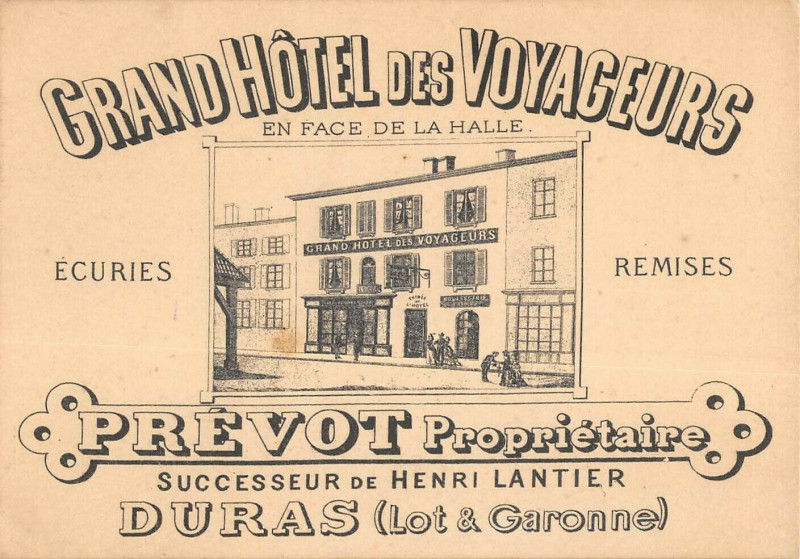 Carte postale ancienne Duras Ancien Chromo Publicite Gd Hotel Des Voyageurs Prevot Proprietaire à Duras