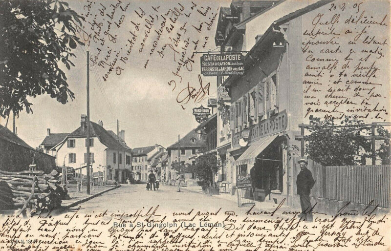 Carte postale ancienne Rue A Saint Gingolph café de la Poste à Saint-Gingolph
