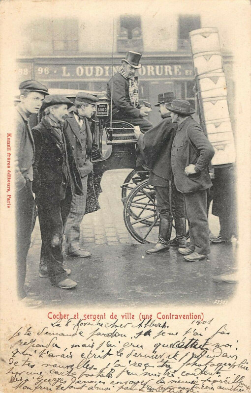 Carte postale ancienne Cocher et sergent de ville (une Contravention) à Paris 11e