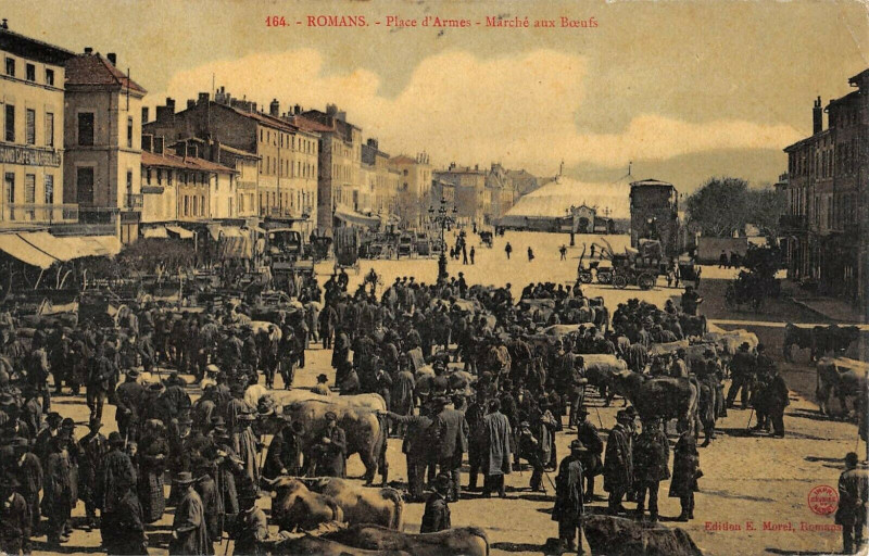 Carte postale ancienne Romans Place D'Armes Marche Aux Boeufs