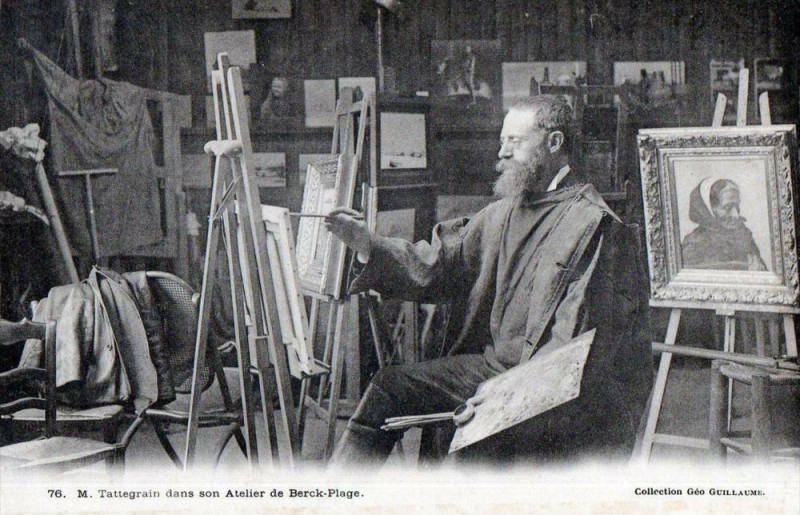 Carte postale ancienne M.tattegrain Dans Son Atelier De Berck Plage  (dos non divisé) Gros Plan à Berck