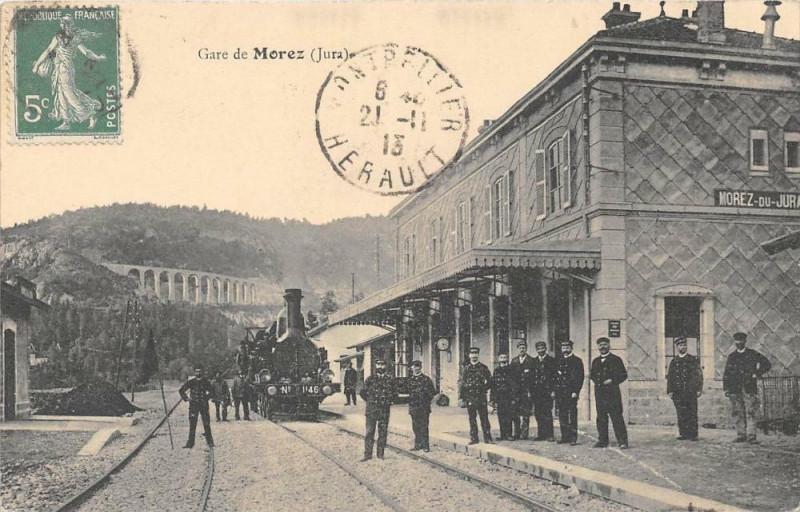 Carte postale ancienne Gare De Morez (Jura) pas courante avec les employés de la gare RARE! à Our