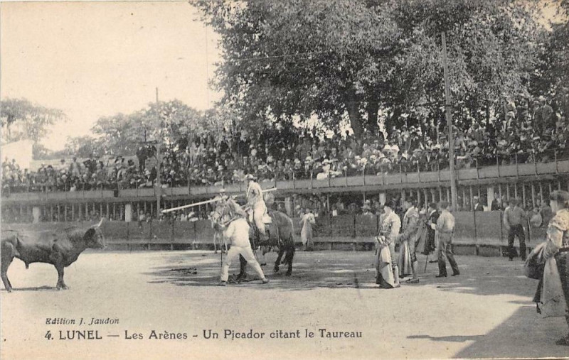 Carte postale ancienne Lunel Les Arenes Un Picador Citant Le Taureau à Lunel