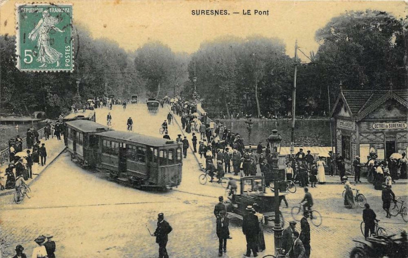 Carte postale ancienne Suresnes Le Pont (cpa émaillée Rare Cliche Avec Le Tramway à Suresnes