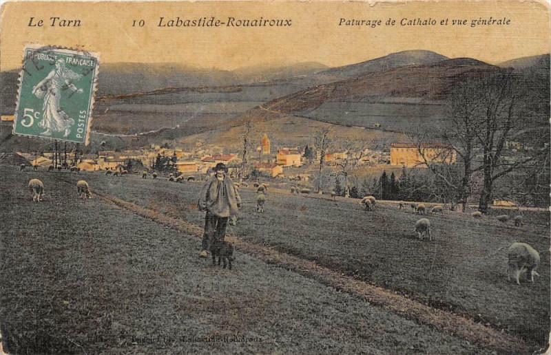 Carte postale ancienne Labastide Rouairoux Paturage De Cathalo Et Vue Generale (cpa toilée émail à Rouairoux