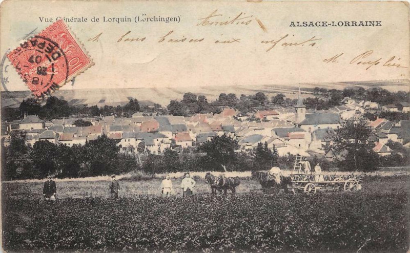 Carte postale ancienne Vue Generale De Lorquin (Lorchingen) (dos non divisé) Scene D'Agriculture à Lorquin