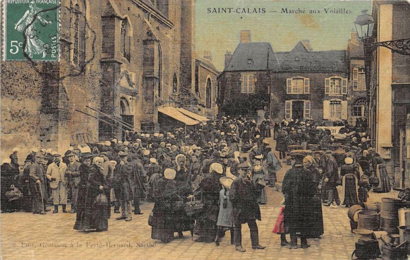 Carte postale ancienne Saint Calais Marche Aux Volailles (cpa toilée émaillée à Saint-Calais