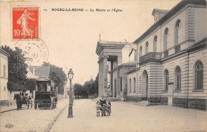 Carte postale ancienne Bourg La Reine La Mairie Et L'Eglise à Bourg-la-Reine