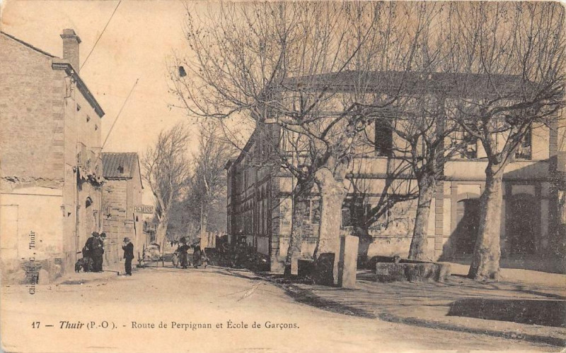 Carte postale ancienne Thuir Route De Perpignan Et Ecole De Garcons à Thuir