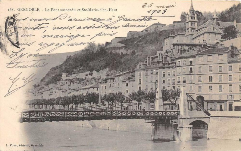 Carte postale ancienne Grenoble Le Pont Suspendu Et Sainte-Marie D'En Haut (dos non divisé) à Grenoble
