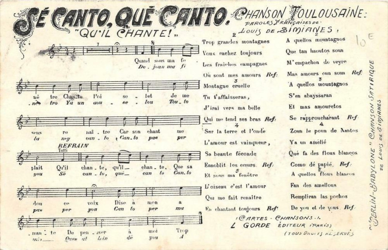 Carte postale ancienne Toulouse Chanson Toulousaine Se Canto Que Canto Louis De Simianes à Toulouse
