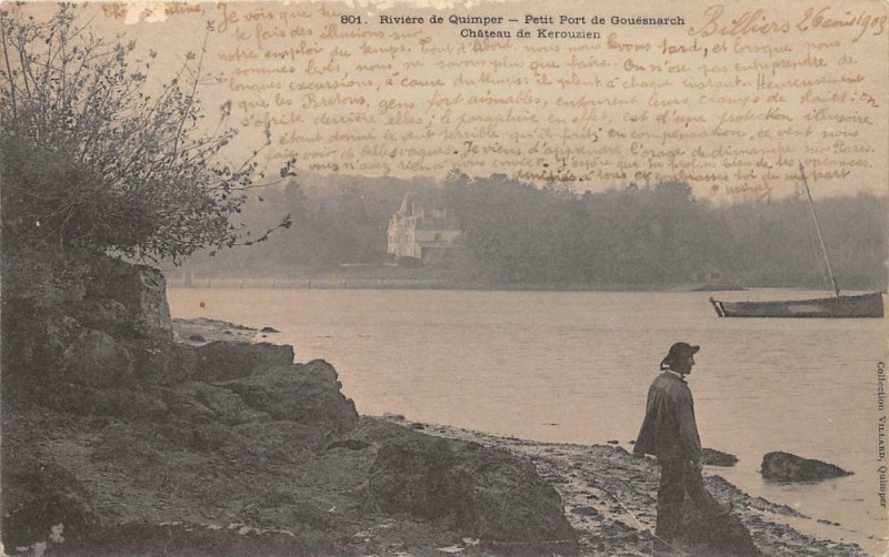 Carte postale ancienne Riviere De Quimper Petit Port De Gouesnarch Chateau Kerouzien (dos non di à Quimper