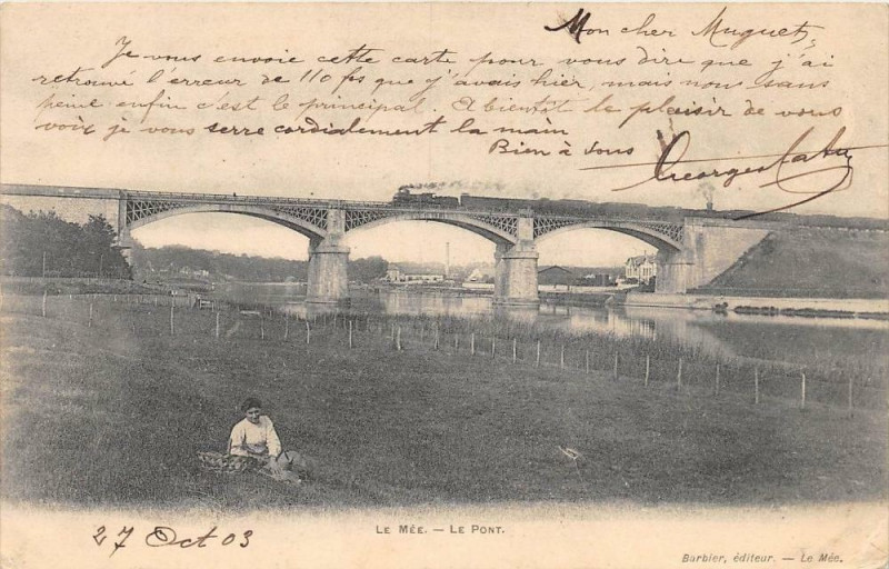 Carte postale ancienne Le Mee Le Pont (dos non divisé) Avec Train