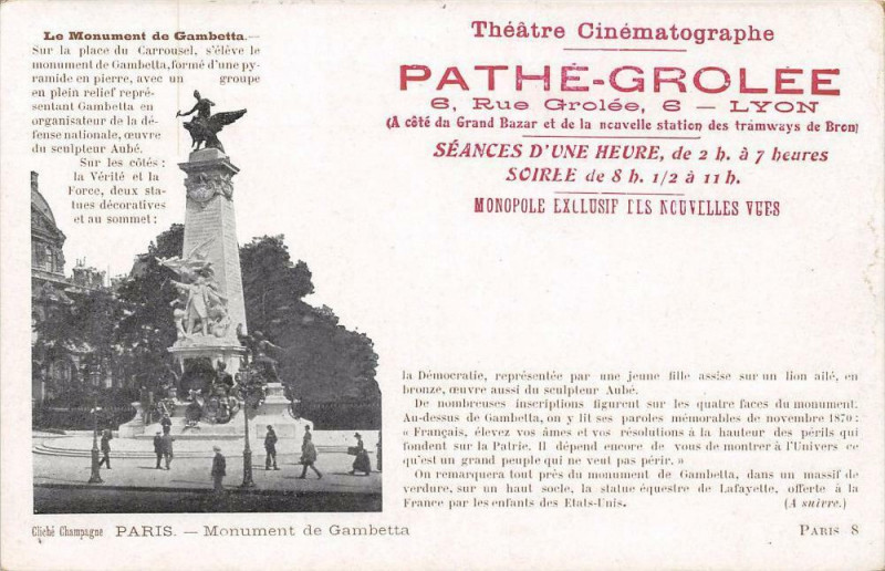 Carte postale ancienne Paris Publicite Pathe Grolee Cinematographie Monument De Gambetta à Paris