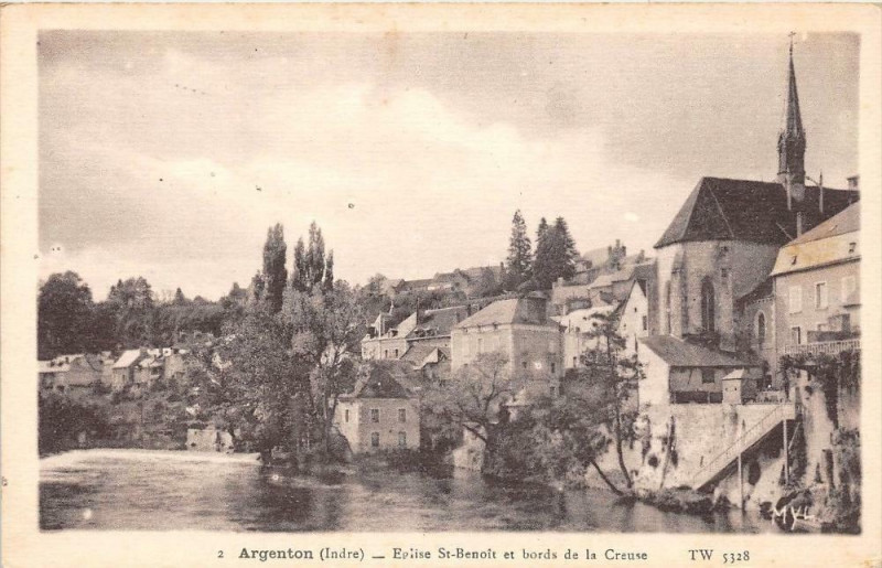 Carte postale ancienne Argenton Eglise Saint-Benoit Et Bords De La Creuse