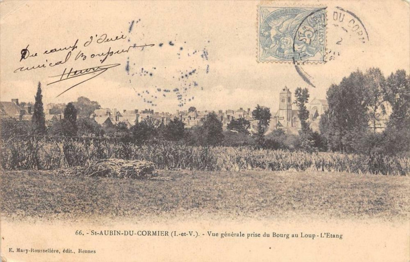 Carte postale ancienne Saint Aubin Du Cormier Vue Generale Prise Du Bourg Au Loup L'Etang (dos n à Saint-Aubin-du-Cormier