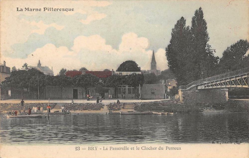 Carte postale ancienne Bry La Passerelle Et Le Clocher Du Perreux