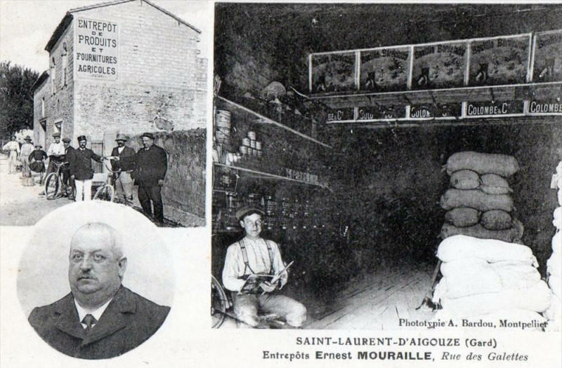 Carte postale ancienne Saint Laurent D´AIGOUZE : entrepôt Ernest Mouraille, rue des galettes (In