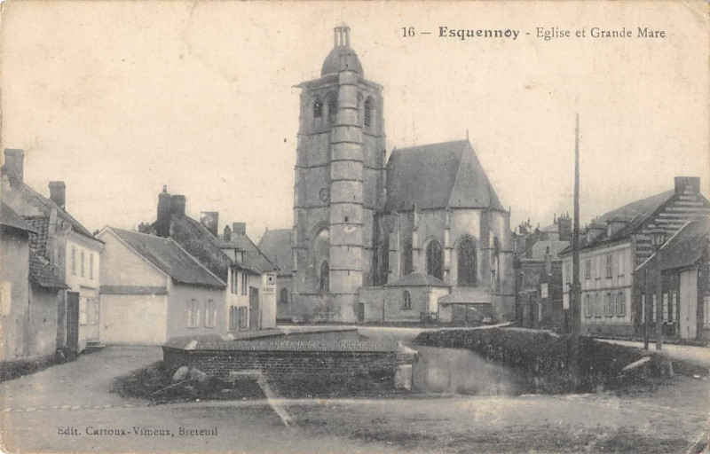 Carte postale ancienne Esquennoy Eglise Et Grande Mare à Esquennoy