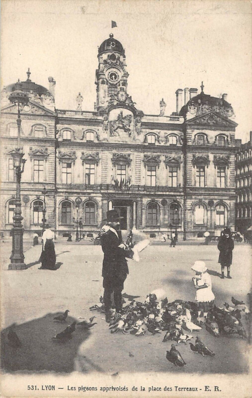 Carte postale ancienne Lyon Les Pigeons Apprivoises De La Place Des Terreaux à Lyon