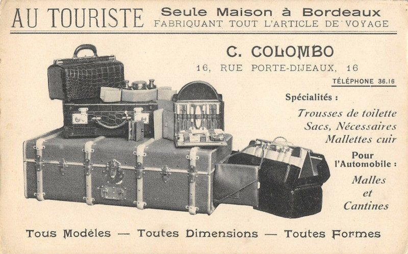 Carte postale ancienne Bordeaux Magasin Au Touriste Bagages C.colombo à Bordeaux