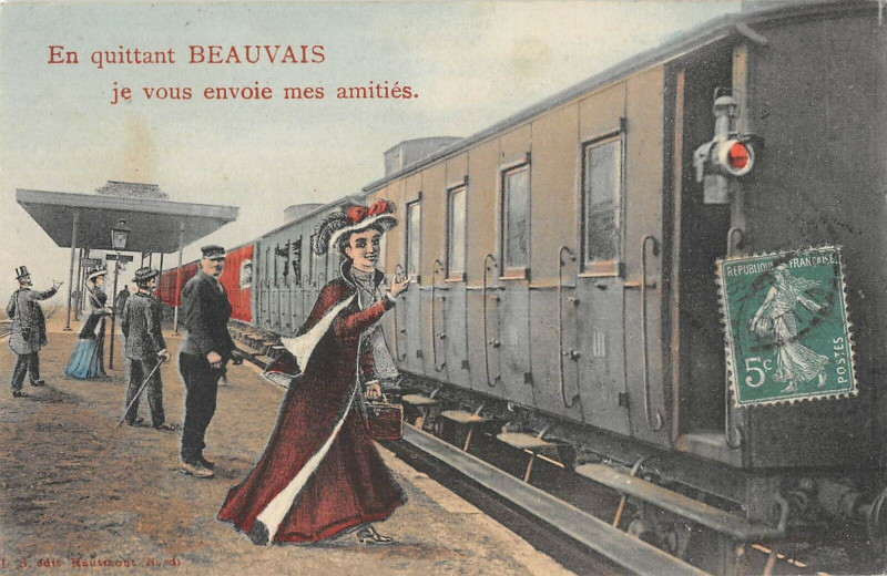 Carte postale ancienne En Quittant Beauvais Je Vous Envoie Mes Amities Train à Beauvais