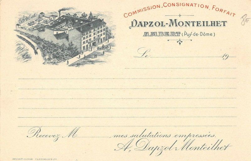 Carte postale ancienne Ambert Cpa Publicitaire Dapzol Monteilhet à Ambert