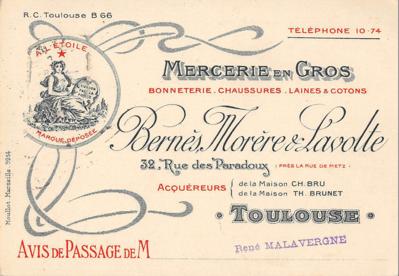Carte postale ancienne Toulouse Rare Cpa Publicitaire Mercerie En Gros Bernes Morere Lavolte à Toulouse