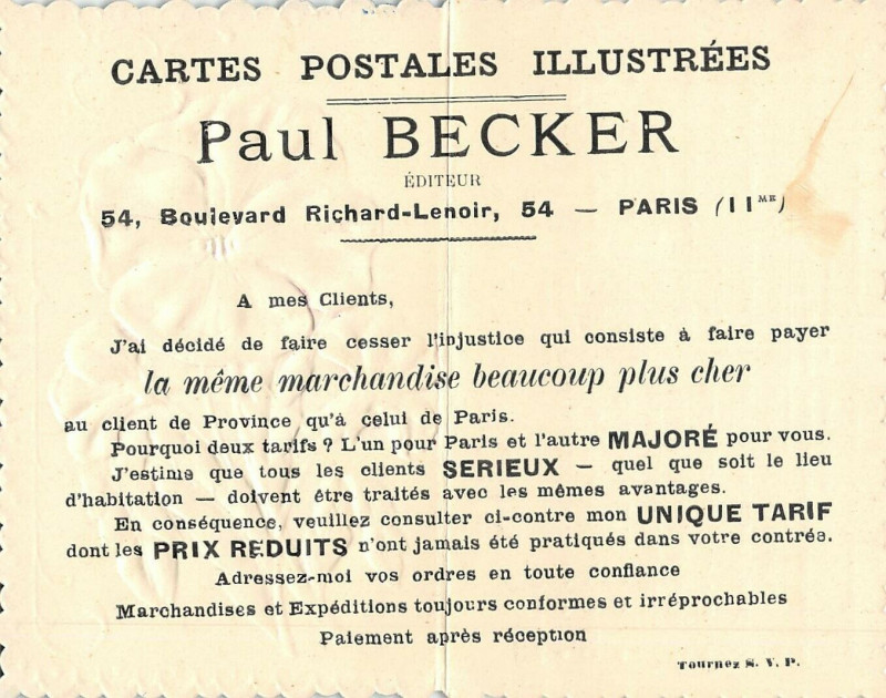 Carte postale ancienne Pub De L'Editeur De Cartes Postales Paul Becker bd Richard Lenoir Paris XIe à Paris