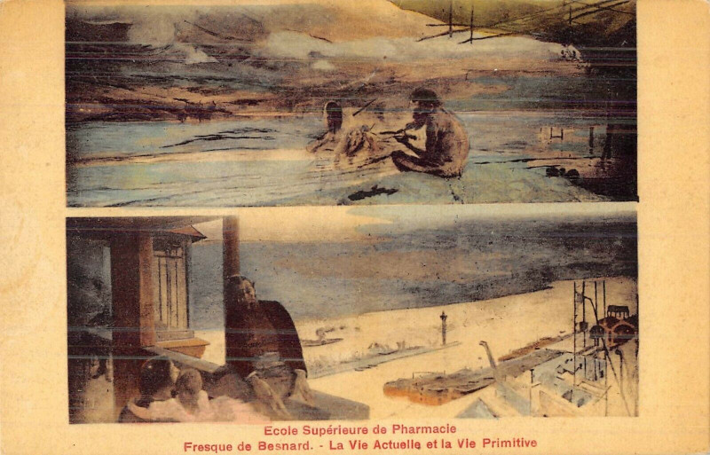 Carte postale ancienne Ecole Supérieure de Pharmacie - Fresque de Besnard - La Vie Actuelle et la Vie Primitive à Paris 6e