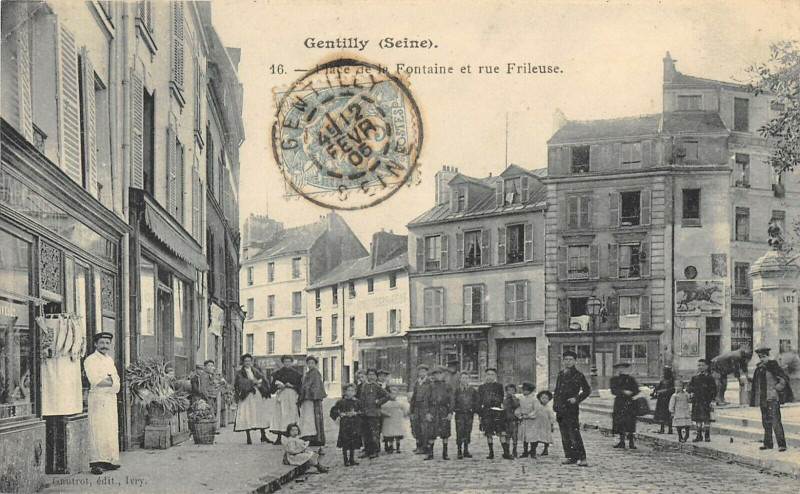 Carte postale ancienne Gentilly Place De La Fontaine Et Rue Frileuse à Gentilly