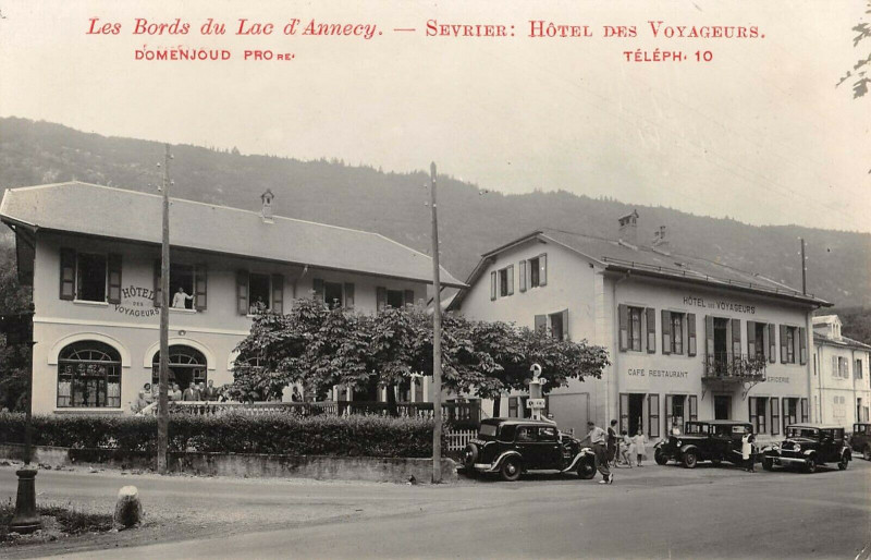 Carte postale ancienne Les Bords Du Lac D'Annecy Sevrier Hotel Des Voyageurs Domenjoud Proprieta à Sevrier