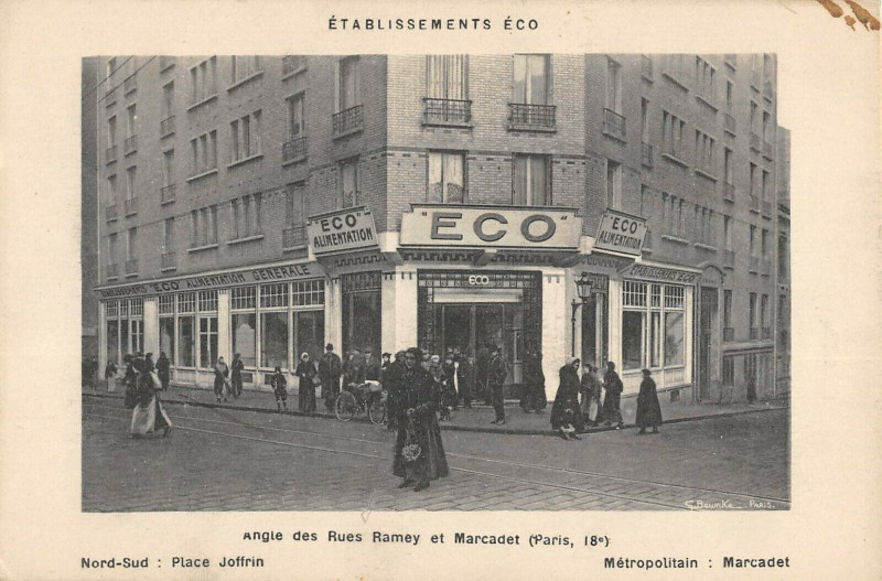 Carte postale ancienne Etablissements Eco - Angle des Rues Ramey et Marcadet à Paris 18e