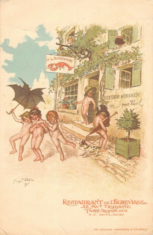 Carte postale ancienne Paris IXe Illustrateur Publicite Av.trudaine Restaurant De L'Ecrevisse à Paris 9e