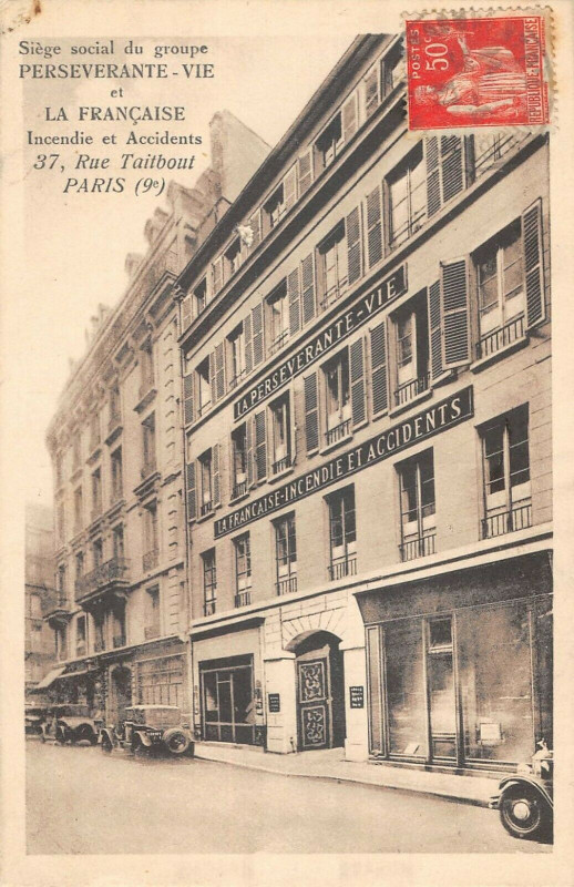 Carte postale ancienne Paris IXe Rue Taitbout Siege Social Du Groupe La Perseverante Vie à Paris 9e