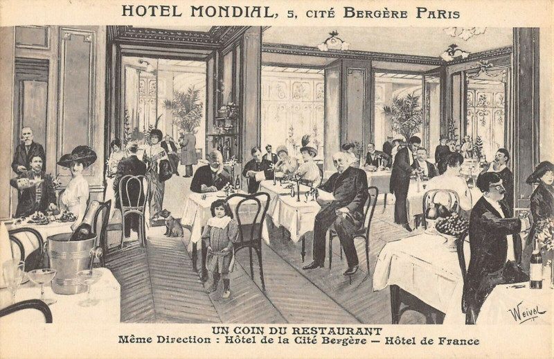 Carte postale ancienne Hôtel Mondial - cité Bergère Paris - Un coin du restaurant à Paris 9e