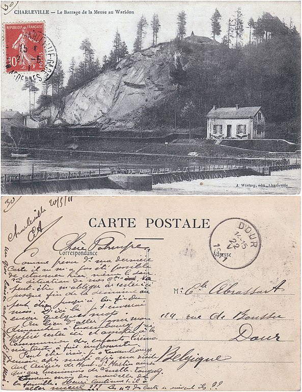 Carte postale ancienne Charleville — Le Barrage de la Meuse au Waridon vº-rº à Charleville-Mézières