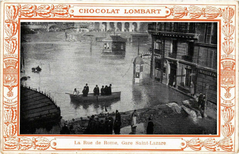 Carte postale ancienne Paris La rue de Rome Gare Saint-Lazare Inondations 1910 à Paris