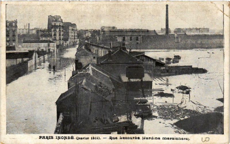 Carte postale ancienne Paris inondé (janvier 1910) - Rue Lecourbe (Jardins maraichers) à Paris 15e