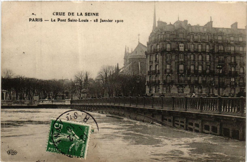 Carte postale ancienne Crue de la Seine - Le Pont Saint-Louis à Paris 4e