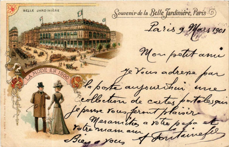Carte postale ancienne Paris 1e Souvenir de la Belle Jardiiere La Mode en 1900 à Paris 1er