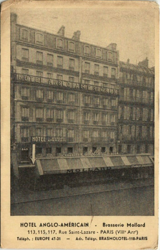 Carte postale ancienne Paris 8e - Hotel Anglo-Américain - Brasserie Mollard à Paris 8e