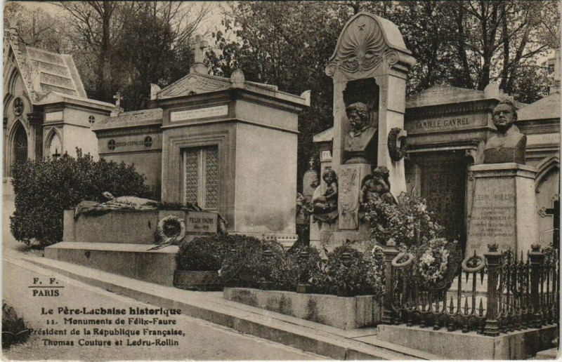 Carte postale ancienne Le Père-Lachaise - Monuments de Félix Faure, Thomas Couture et Ledru-Rollin à Paris 20e
