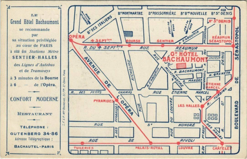 Carte postale ancienne Paris 2e - Grand Hotel Bachaumont à Paris 2e