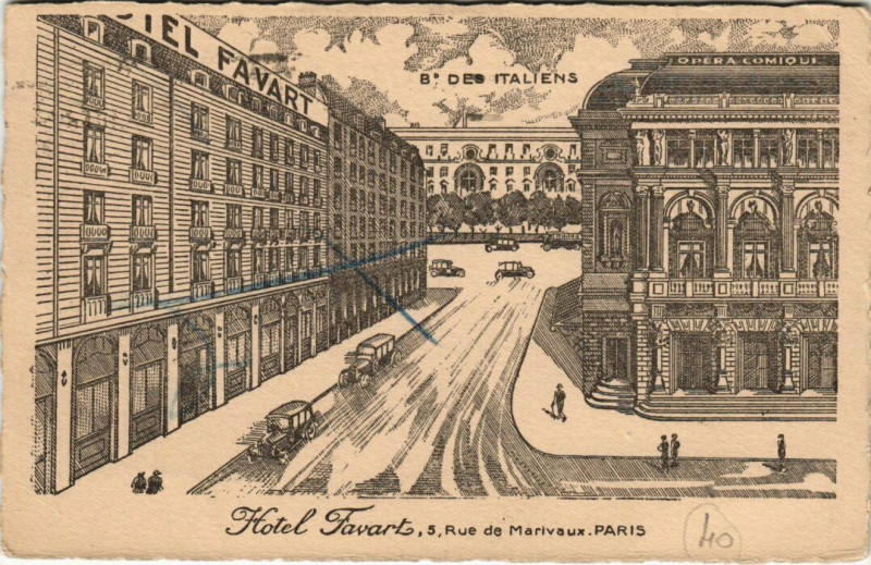 Carte postale ancienne Paris 2e - Hotel Favart - 5, Rue de Marivaux à Paris 2e