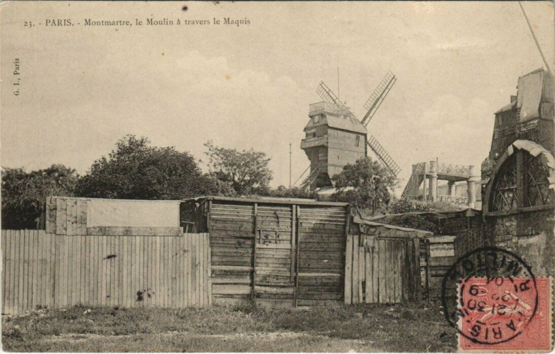 Carte postale ancienne Montmartre - le Moulin à travers le Maquis à Paris 18e