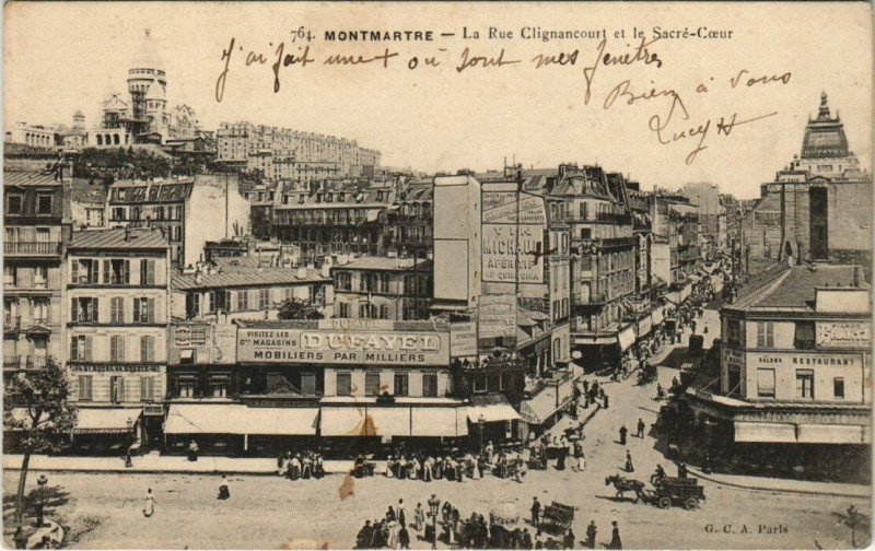 Carte postale ancienne Montmartre - La rue de Clignancourt et le Sacré-Coeur à Paris 9e