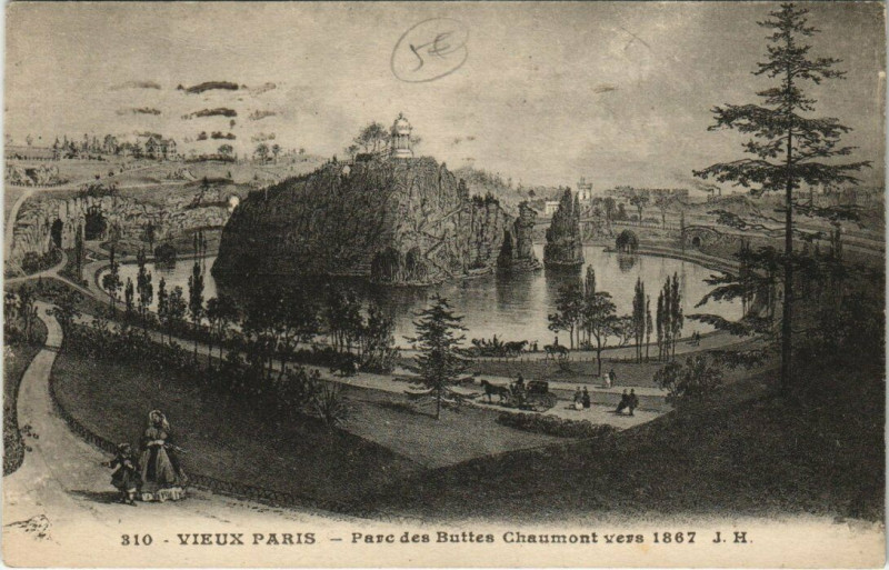Carte postale ancienne Parc des Buttes Chaumont vers 1867 à Paris 19e