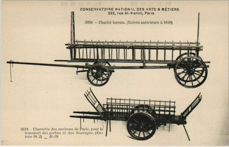 Carte postale ancienne Paris (3e) Cnam - Chariot lorrain et charette de Paris à Paris 3e
