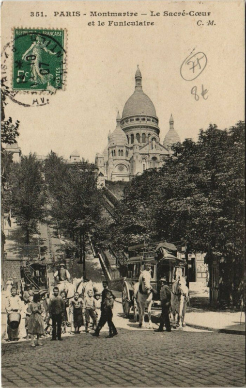 Carte postale ancienne Paris - Montmartre Le Sacre-Coeur et le Funiculaire à Paris